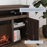 BELLEZE Barn Door Wood Electric Fireplace TV Stand for TVs up to 65 Inches Open Shelves and Cabinets Media Entertainment Center Console Table - Corin (Dark Walnut) BELLEZE