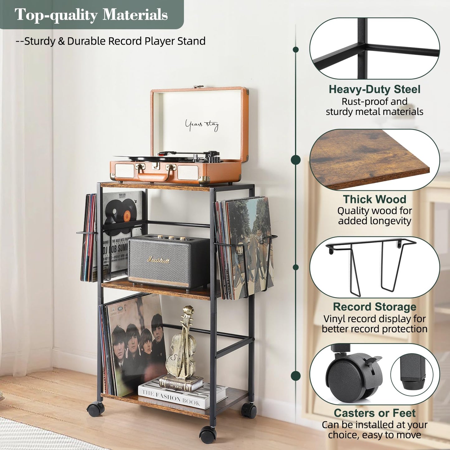 Record Player Stand, Side Table with Vinyl Record Storage Vinyl Wall Mount Record Player Table Up to 150 Albums Record Holder for Vinyl Storage, Turntable Stand with Vinyl Display Record Wall Display