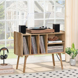 Lerliuo Record Player Stand with Charging Station Holds Up to 220 Albums, Large Turntable Stand with 4 Cabinet, Mid-Century Record Player Table,Oak Vinyl Holder Storage Shelf for Bedroom Living Room Lerliuo