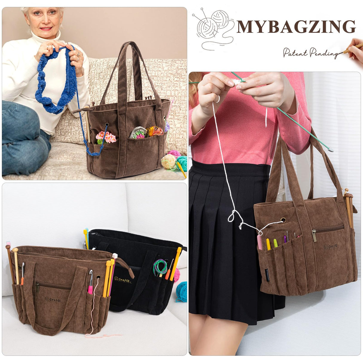 MYBAGZING Crochet Bag and Tote - Corduroy Yarn Bag - Yarn Holder for Crocheting - Crochet Storage Bag for Crochet Hooks, Crochet Accessories, Knitting Bag for Crochet Lovers, Mother's Day Gift MYBAGZING
