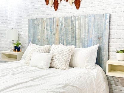 Barn Walls Blue Powderwash Headboard, Farmhouse Design, Wood Headboard, Wash Finish, Floating Panels, Wall Mount, Adjustable Height, Queen Size - WoodArtSupply