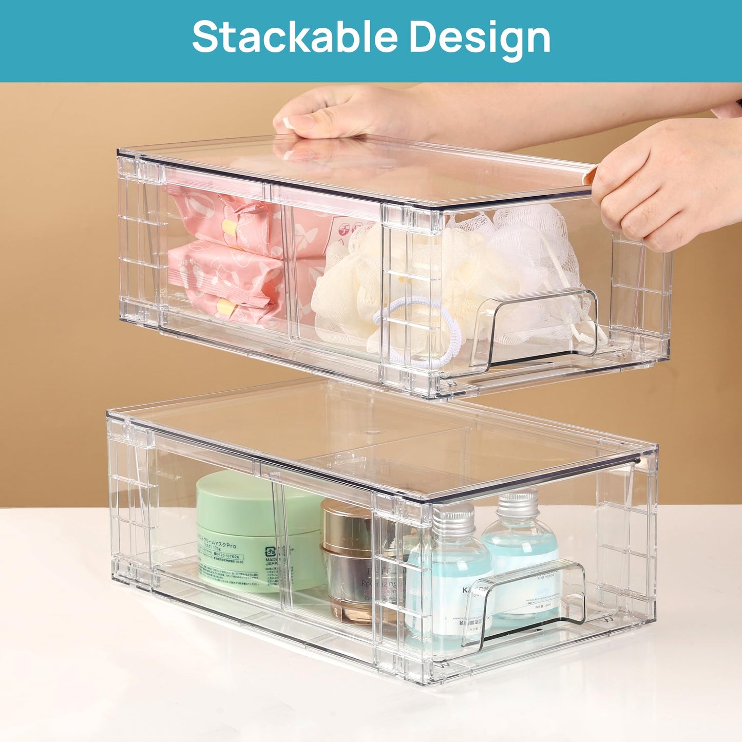 4 Pack Stackable Storage Drawers,Clear Acrylic Drawer Organizers with Handles, Easily Assemble for Fridge, Bathroom,Kitchen Undersink,Cabinet,Pantry Organization and Storage