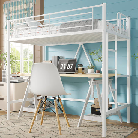 VECELO Twin Size Loft Bed with Full-Length Guardrails and Removable Ladder, Heavy-Duty Metal Frame, Space-Saving Design & Noise-Free, White VECELO