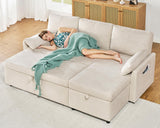 VanAcc Sleeper Sofa, Sofa Bed- 2 in 1 Pull Out Couch Bed with Storage Chaise, Sofa Sleeper Couch for Living Room, Off-White Leathaire Sofa VanAcc