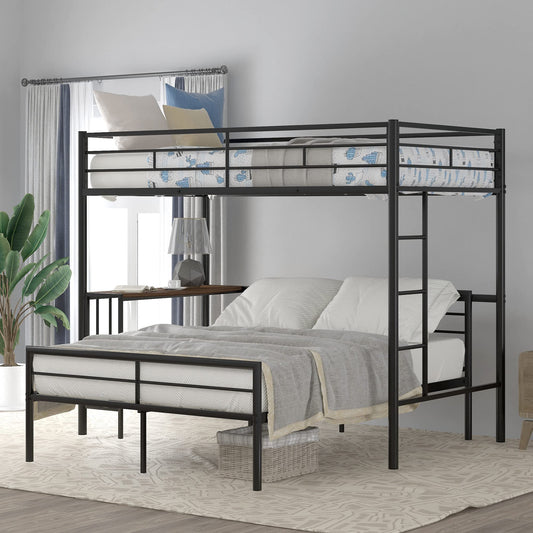 Twin Over Full Bunk Bed, Metal L-Shaped Bunk Bed Frame with Desk, Guardrail and Ladder, Space Saving Bed for Boys Girls, Convertible Into Twin Loft Bed & Full Platform Bed, Noise Free, Black