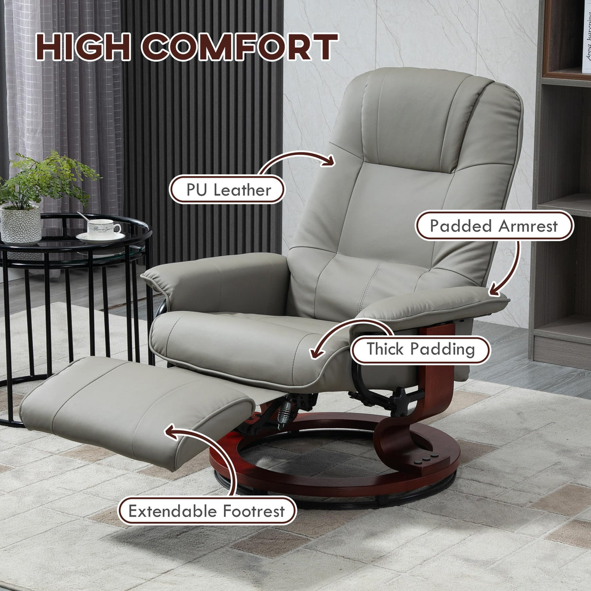HOMCOM Swivel Recliner Chair, PU Leather Adjustable Lounge Chair with Footrest, Armrest, Wooden Base, Plush Recliner for Living Room, Gray HOMCOM