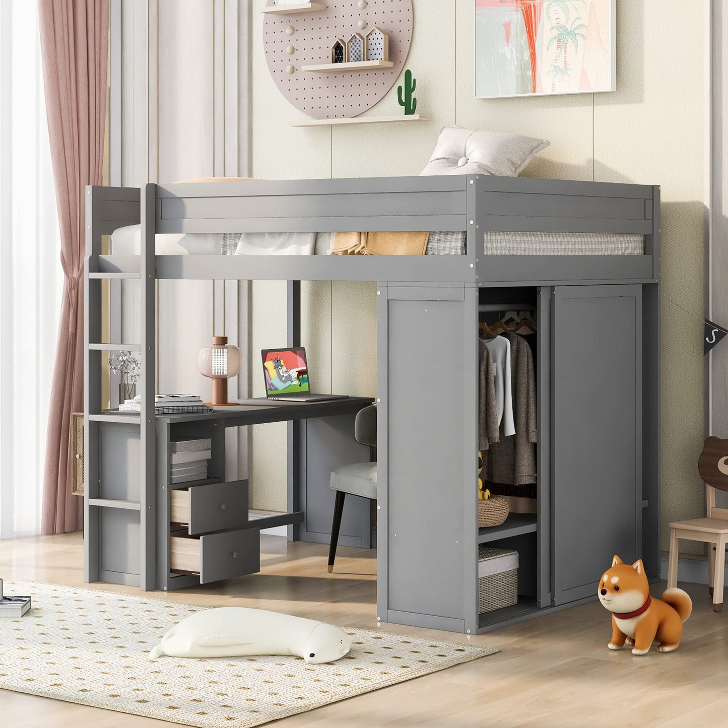 LostCat Grey Full Size Loft Bed with Desk, Drawers, and Wardrobe for Kids and Teens - WoodArtSupply