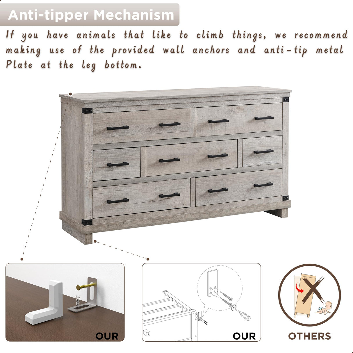 Farmhouse 7 Drawer Dresser for Bedroom - Wood Large Dressers & Chests of Drawers for Closet, 54 Inch Wide Dresser TV Stand with Storage for Bedroom, Living Room, Light Rustic Oak RedLemon