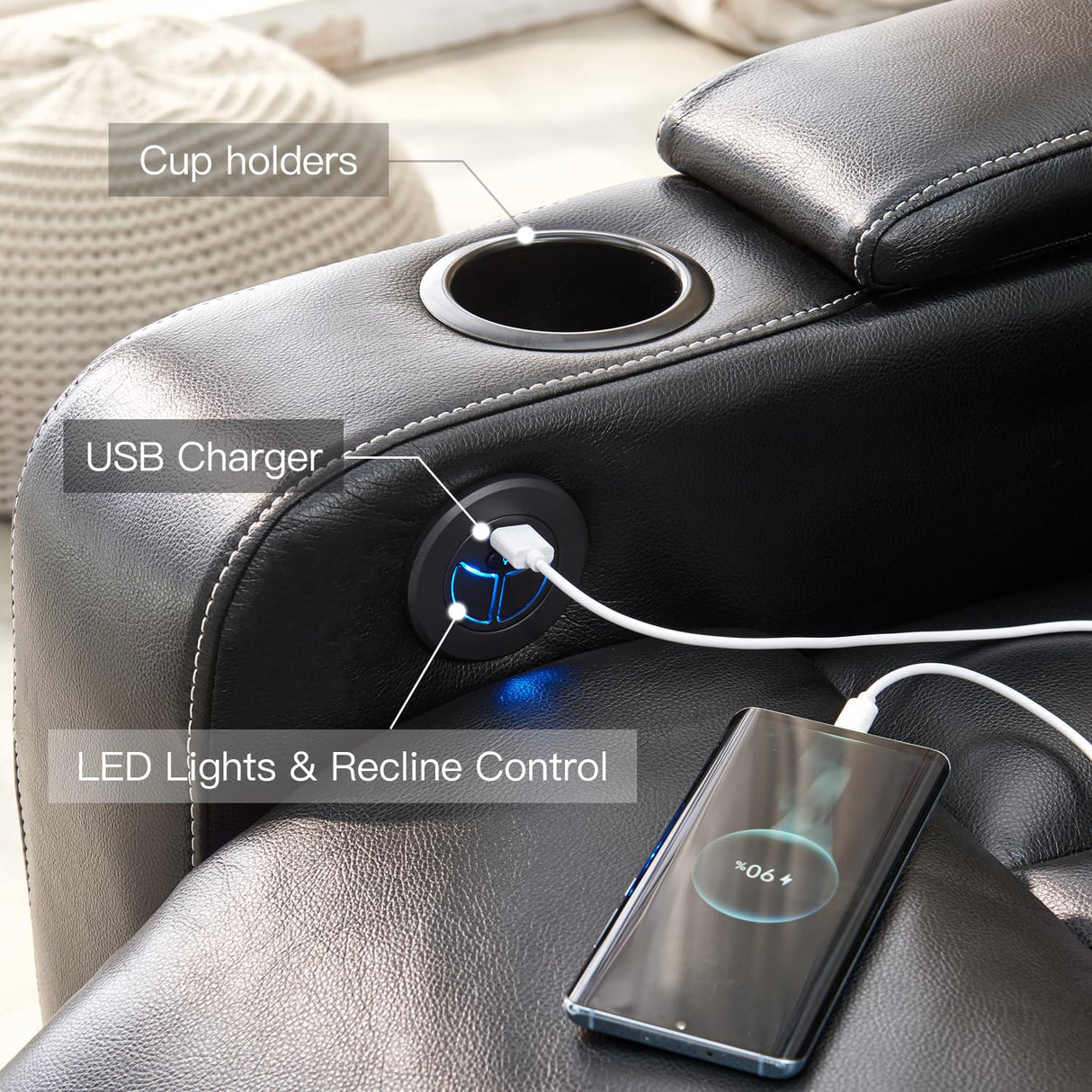 Electric Power Recliner Chair with LED Lights, Home Theater Seating with Swivel Tray Table, Faux Leather Recline Single Sofa Chair for Living Room with Hidden Arm Storage, Cup Holders, Black, 1 Piece Comfort Stretch