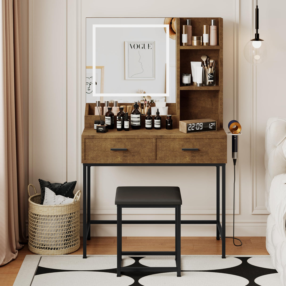 Aklaus Vanity Desk Worn Wood Brown Vanity Table with Light Mirror Small Corner Distressed Wood Makeup Vanity with Stool Modern Dressing Table for Bedroom Walk-in Closet Bathroom Powder Room Aklaus