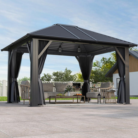 GARTOO 10' x 12' Patio Hardtop Gazebo - Outdoor Metal Hard Top with Fully Enclosed Zip Curtain & Breathable Mesh, Best for Garden, Lawn, Outdoor Party (Black) GARTOO