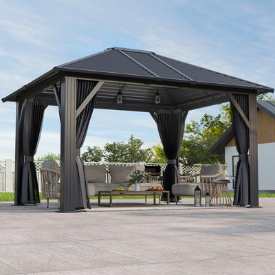 GARTOO 10' x 12' Patio Hardtop Gazebo - Outdoor Metal Hard Top with Fully Enclosed Zip Curtain & Breathable Mesh, Best for Garden, Lawn, Outdoor Party (Black)