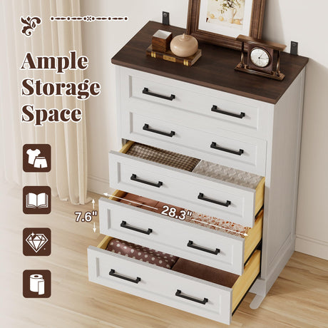 Furmax Farmhouse Dresser for Bedroom, 5 Drawers Dresser, Wood Chest of Drawers, 31.5" Wide Storage Dressers Organizer for Bedroom, Living Room (White and Brown) Furmax