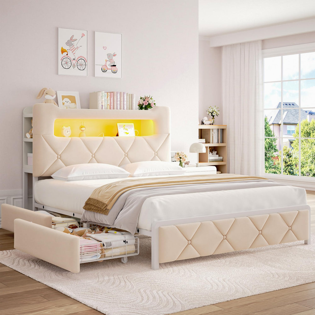 Full Upholstered LED Bed Frame with 2 Storage Drawers and 2-Tier Storage Headboard, Velvet Princess Platform Bed with Charging Station & Bookcase,Heavy Duty Metal Support,No Box Spring Needed,Beige Jocoevol