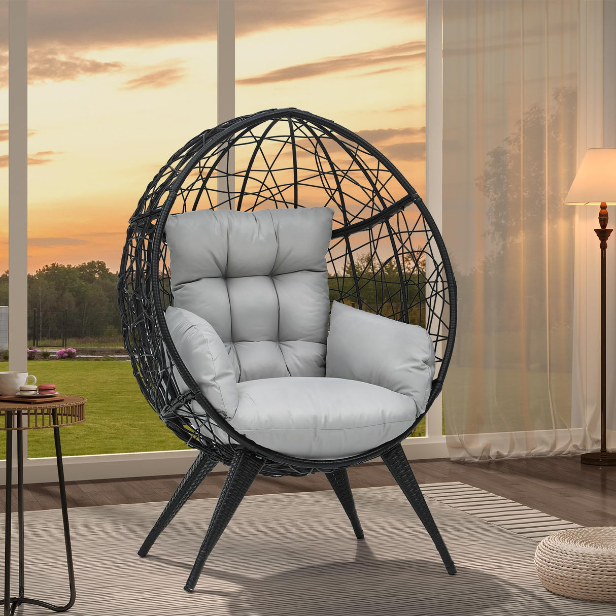 YITAHOME Large Wicker Egg Chair with Stand for Indoor and Outdoor, Cushion, and Adjustable Leveling Feet, Large Lounger for Garden, Patio, Balcony, Backyard,Supports up to 330lbs, Gray YITAHOME
