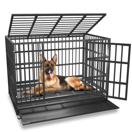 BOLDBONE 54/48/42/38 inch Heavy Duty Indestructible and Escape-Proof Dog Crate Cage Kennel for Large Dogs, High Anxiety Dog Crate with Removable Crate Trays, Wheels and Double Door, Extra Large XL XXL BOLDBONE