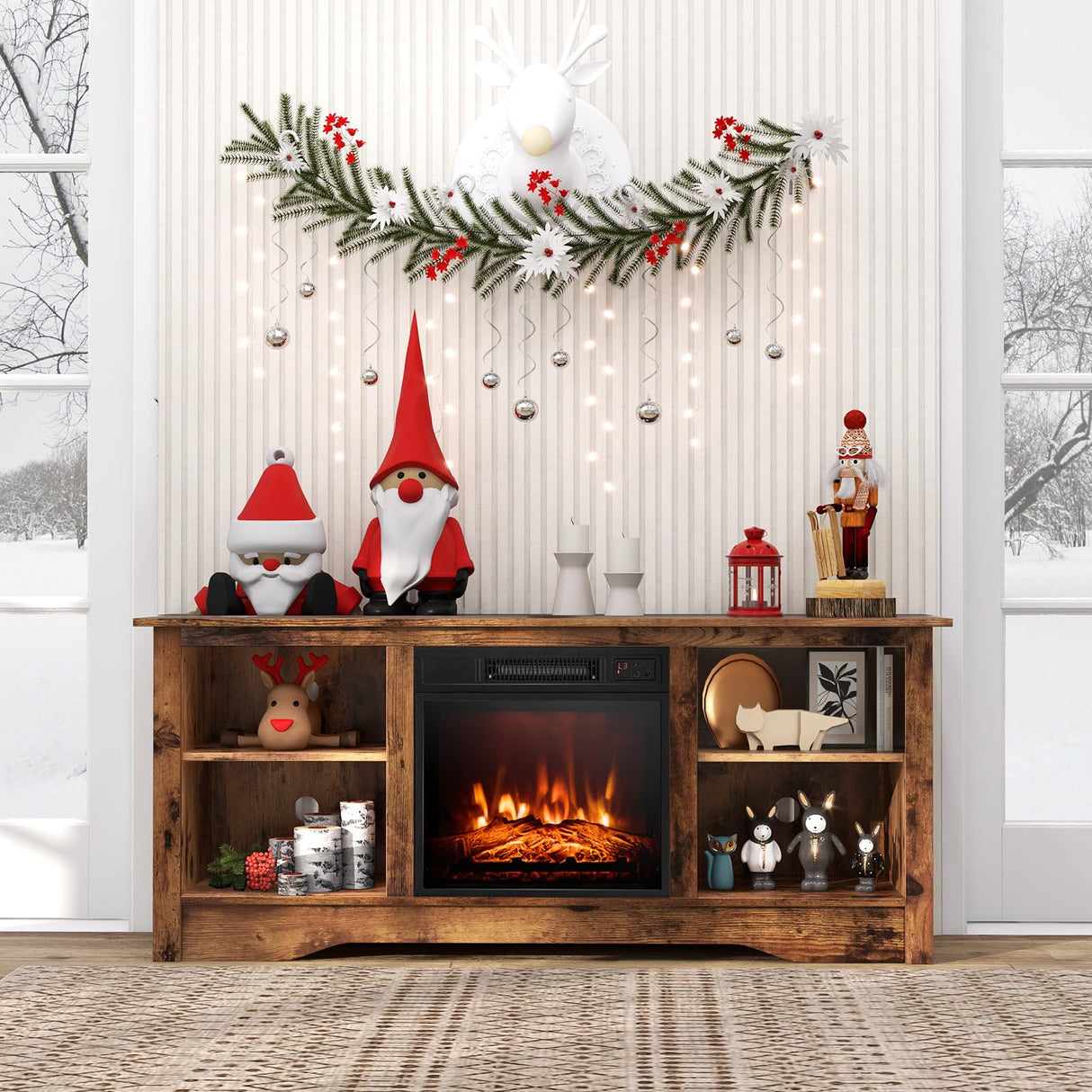 Tangkula TV Stand with 18” Electric Fireplace, for Flat Screen TVs Up to 65” with Adjustable Shelves, Fireplace TV Cabinet with Remote Control, Thermostat & Adjustable Flame Brightness (Rustic Brown) Tangkula