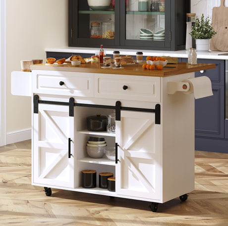 COCO DESIGN Rolling Kitchen Island Cart with Wheels, 54" Portable Trolley Island with Drop Leaf Countertop, Sliding Barn Door, Power Outlet, Spice Rack, Towel Rack and Drawers, Minimalist White COCO DESIGN
