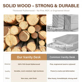 Muwuele Solid Wood Small Vanity Desk with Flip Top Mirror, Brightness Adjustable Lights, Compact Vanity with Glass Top and Drawers, Slim Dressing Table for Small Space, Bedroom, Living Room, Walnut Muwuele