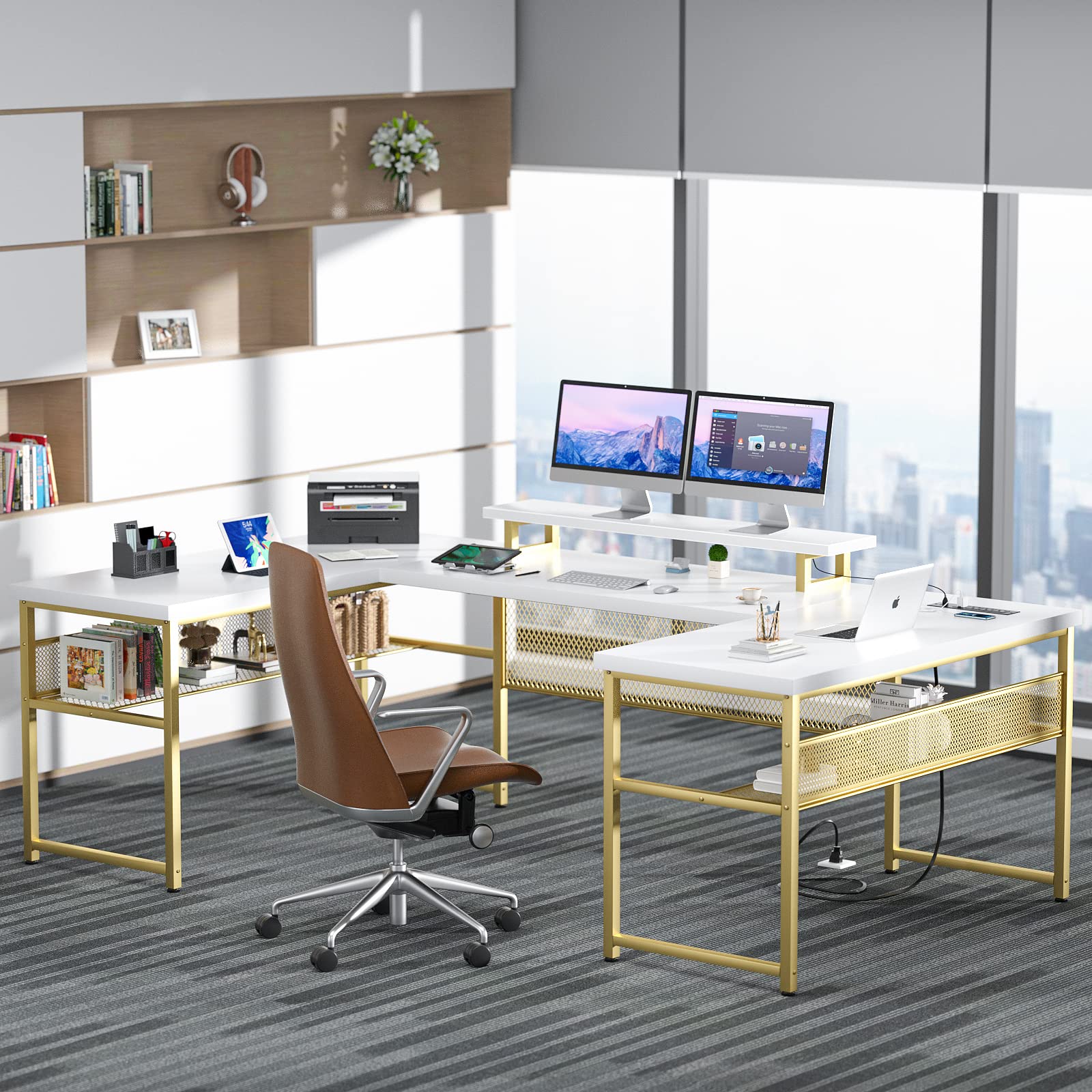 Unikito Reversible U Shaped Desk with LED Lights and Power Outlets - 83 Inch Large Corner Computer Table in White and Gold - WoodArtSupply