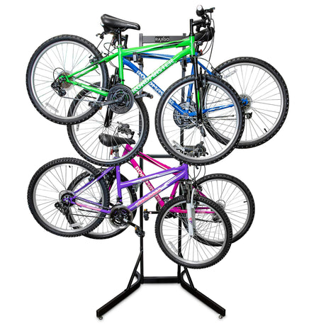 RaxGo Bike Garage Storage Rack, 4 Bicycle Garage Floor Stand, Adjustable, Freestanding, Adjustable Hooks, For Mountain & Road bicycles, Universal For Indoor Use RaxGo