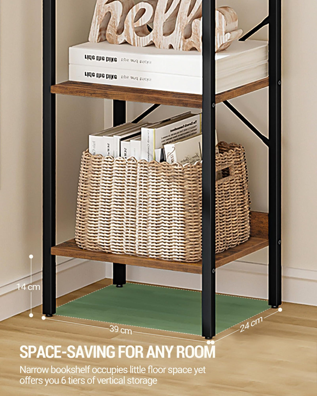 Hzuaneri 6-Tier Rustic Brown Industrial Bookshelf with Hooks for Space-Saving Storage Hzuaneri