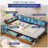 MU Twin Corner Bed Frame with Storage Bookcase and Headboard, Metal Daybed with LED Lights, Charging Station, Shelves and Drawers for Living Room, Bedroom & Guest Room, Rusic Brown MU