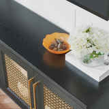 JYED Mid Century Modern TV Stand for TVs up to 75", with Gold Hollow Metal Mesh Decorated, Boho TV Console with Storage Cabinets, Black TV Stand for Living Room, 69.5"x15.6"x24.8" JYED DECOR