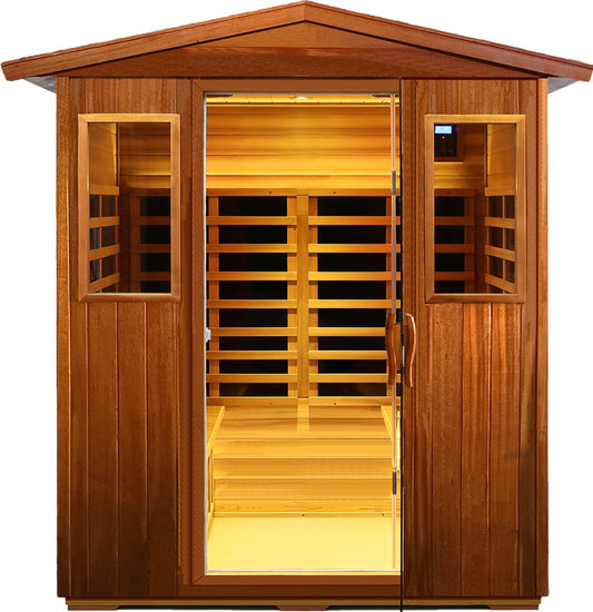 Outdoor Mahogany Ultra-Low EMF Sauna 4 Person Far Infrared Sauna for Home EMF average 0.5 mG, Withstand Outdoor Temp -10℉-149℉ Chromotherapy, Bluetooth Speaker (Freebie : Steam Sauna, Sauna Backrest)