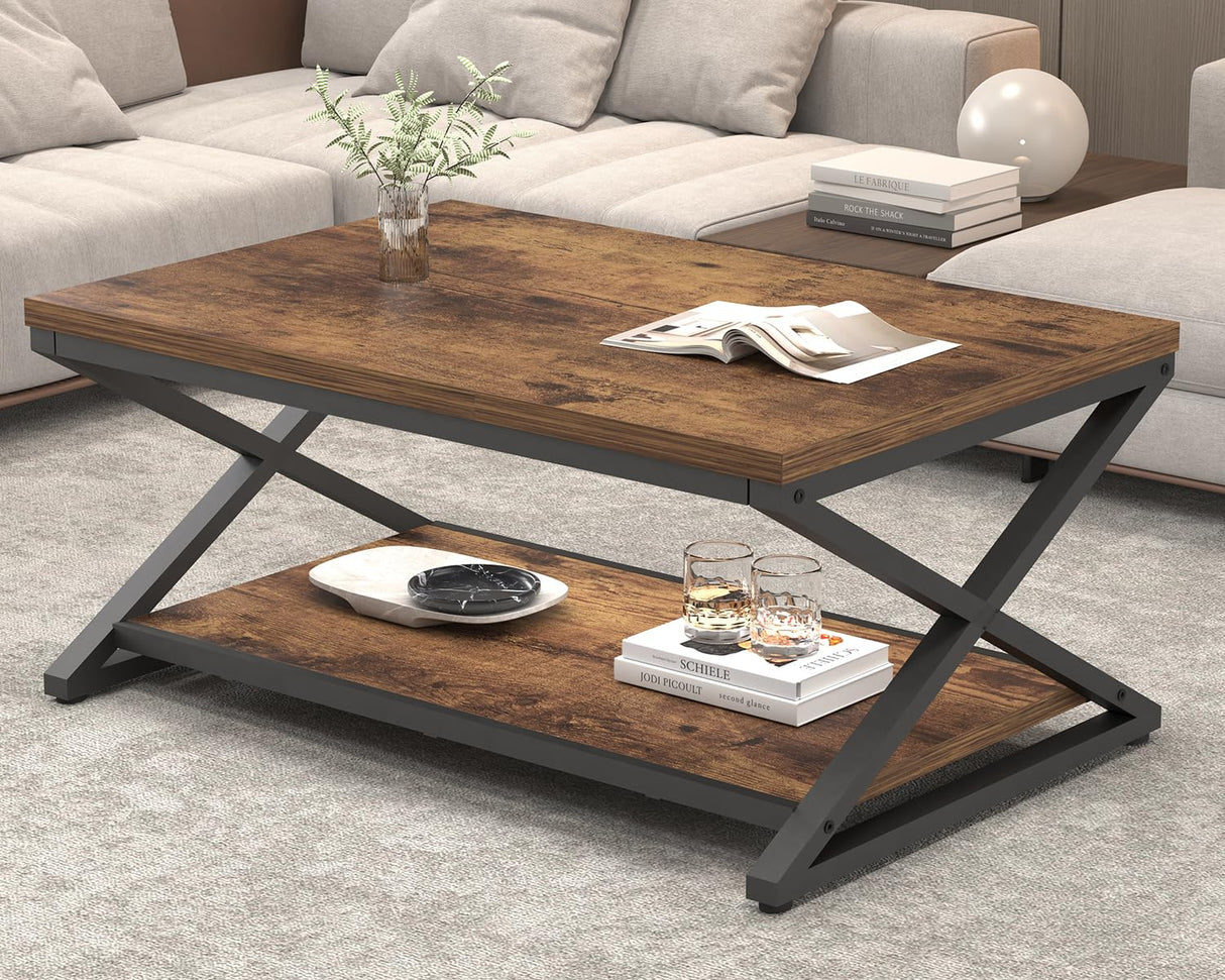HSH Wood Coffee Table with Storage, Farmhouse Rustic Brown Coffee Table for Living Room, Modern Minimalist 2 Tier Center Table, Simple Rectangle Cocktail Tea Table in Home Office Bedroom, 39 Inch HSH