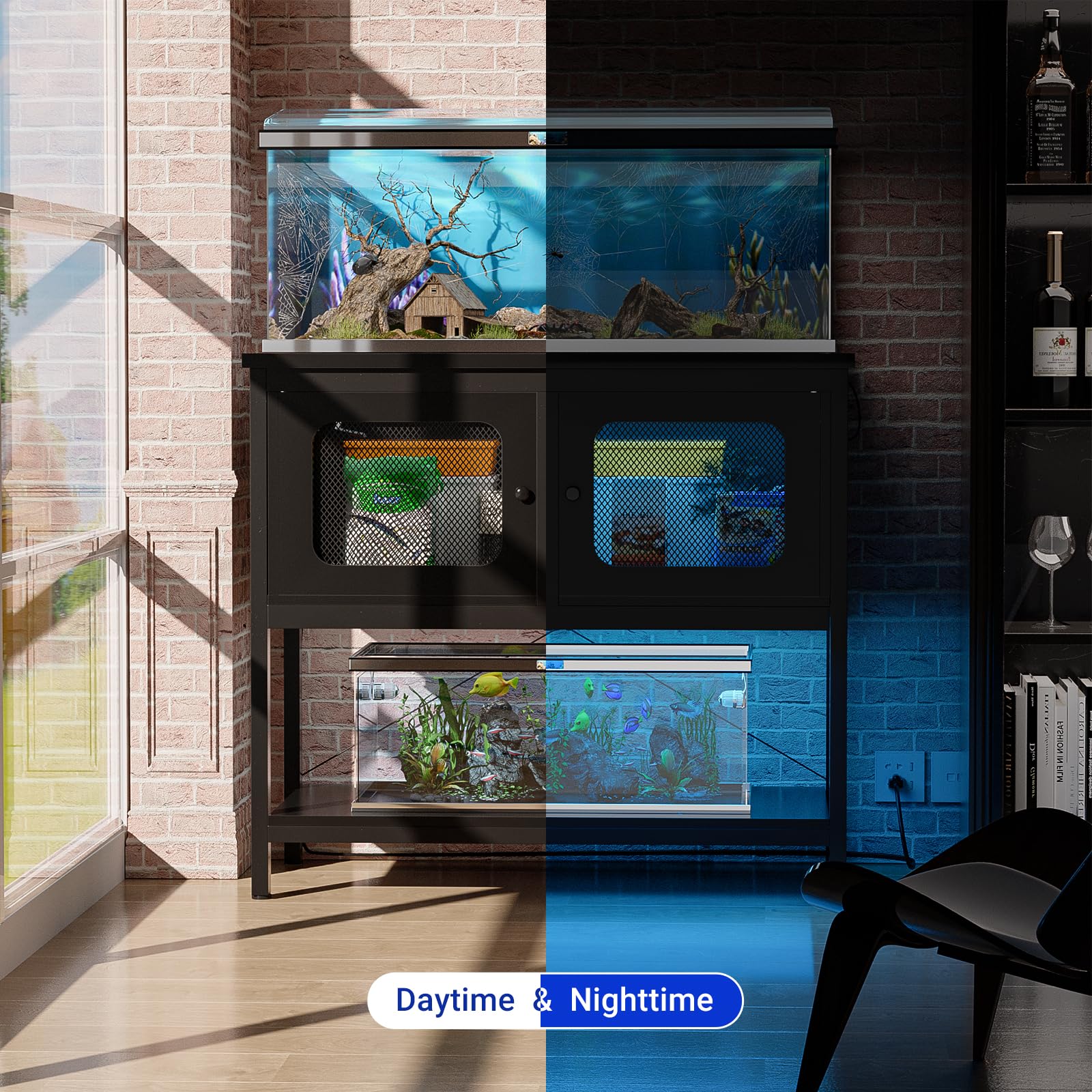 Hyomdeck 40 Gallon Fish Tank Stand with Magic Power Outlets and Smart LED Lights, Aquarium Stand with Storage Cabinet, Reptile Tank Stand with Unique Grid Door Design, Heavy Duty Metal Frame, - WoodArtSupply