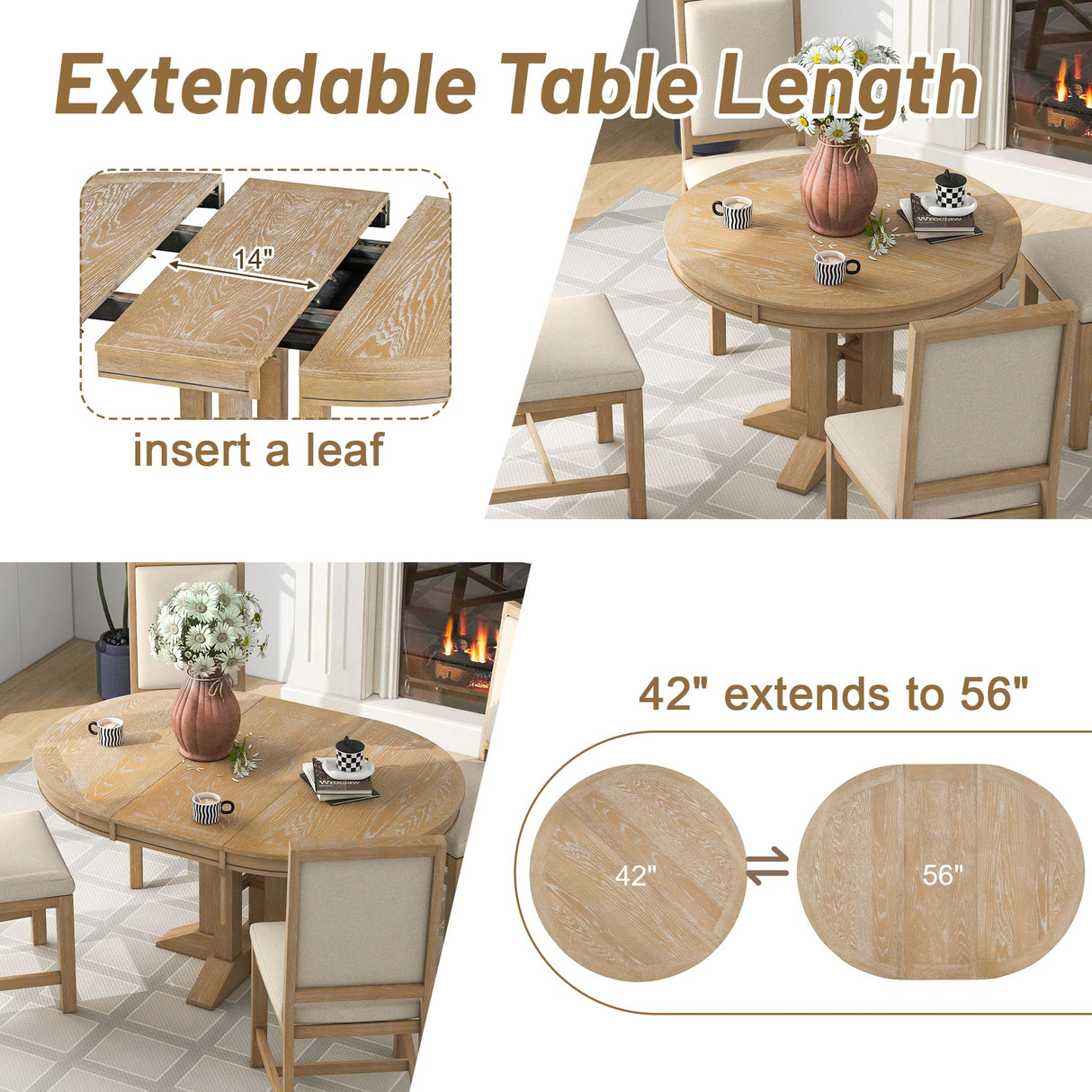 ERYE Mid-Century Modern Functional Extendable Dining Table with 14" Leaf and Pillar-Trestle Legs (Natural Wood),Round → Oval 42"~56", Natural-980 ERYE