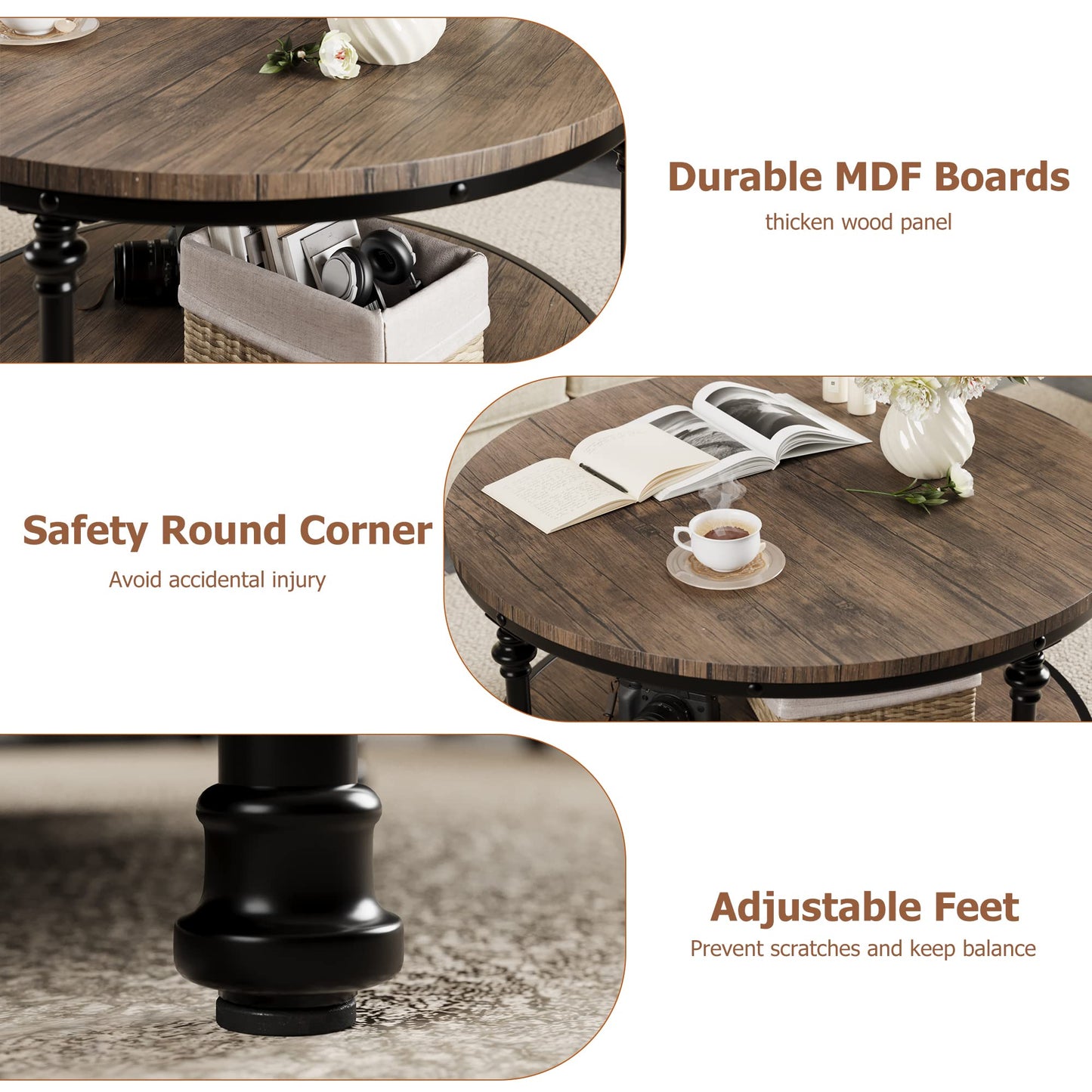 IDEALHOUSE Round Coffee Table for Living Room Rustic Center Table with Storage Shelf Wood Circle Coffee Table with Sturdy Metal Legs, Easy Assembly(Light Walnut) - WoodArtSupply