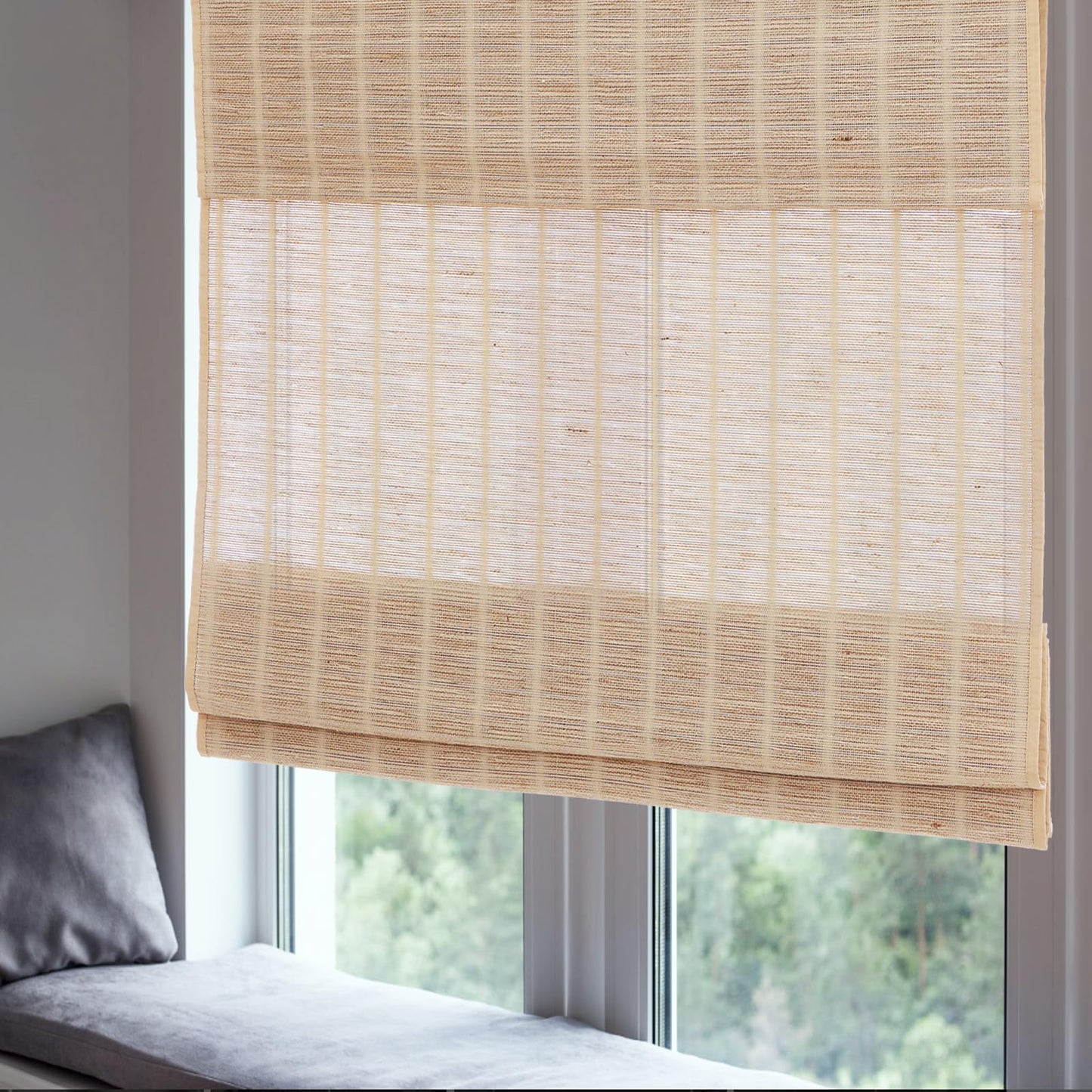 Artdix Bamboo Roman Shades, Natural Reef Cordless Custom Blackout Woven Wood Shades, Edge Binding Bamboo Window Shades for Indoor Windows