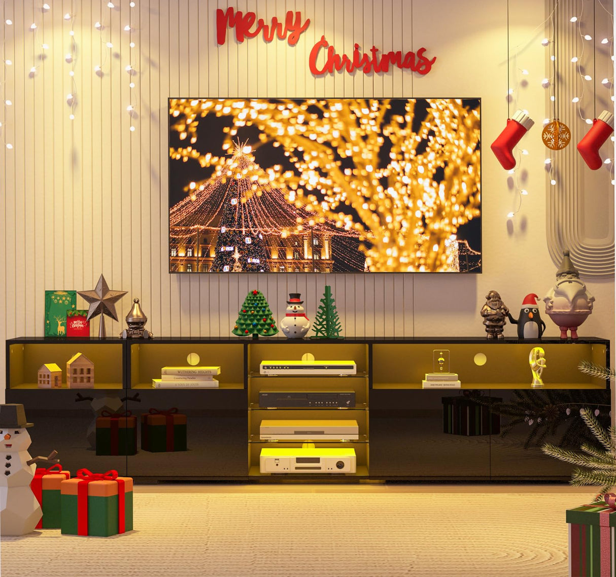 jiteentarou 79IN LED TV Stand for 75/80/85inch TV,High Glossy Modern TV Stand for Living Room,TV Entertainment Center with Adjustable Storage Shelf,RGB LED Lighting,TV Console(Black) jiteentarou