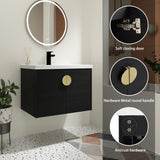 SSLine Modern 28" Floating Bathroom Vanity with Sink Wall Mounted Bathroom Vanity with Top Basin & Storage Cabinet Luxury Black Wood Hanging Vanity w/Ceramic Sink & Gold Handles for Small Space SSLine