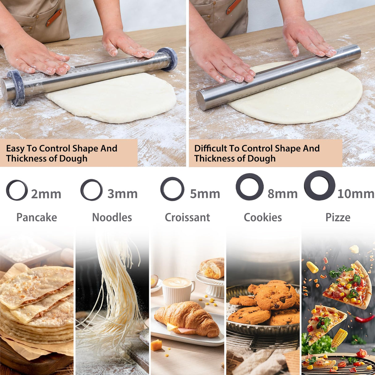 Adjustable Rolling Pin with Thickness Rings for Baking -Non Stick Stainless Steel Dough Roller Pin with Bands for Cookie,Wood,Wooden and Bread (Grey, 15.8 '') Folksy Super Kitchen