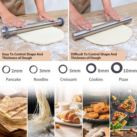 Adjustable Rolling Pin with Thickness Rings for Baking -Non Stick Stainless Steel Dough Roller Pin with Bands for Cookie,Wood,Wooden and Bread (Grey, 15.8 '') Folksy Super Kitchen