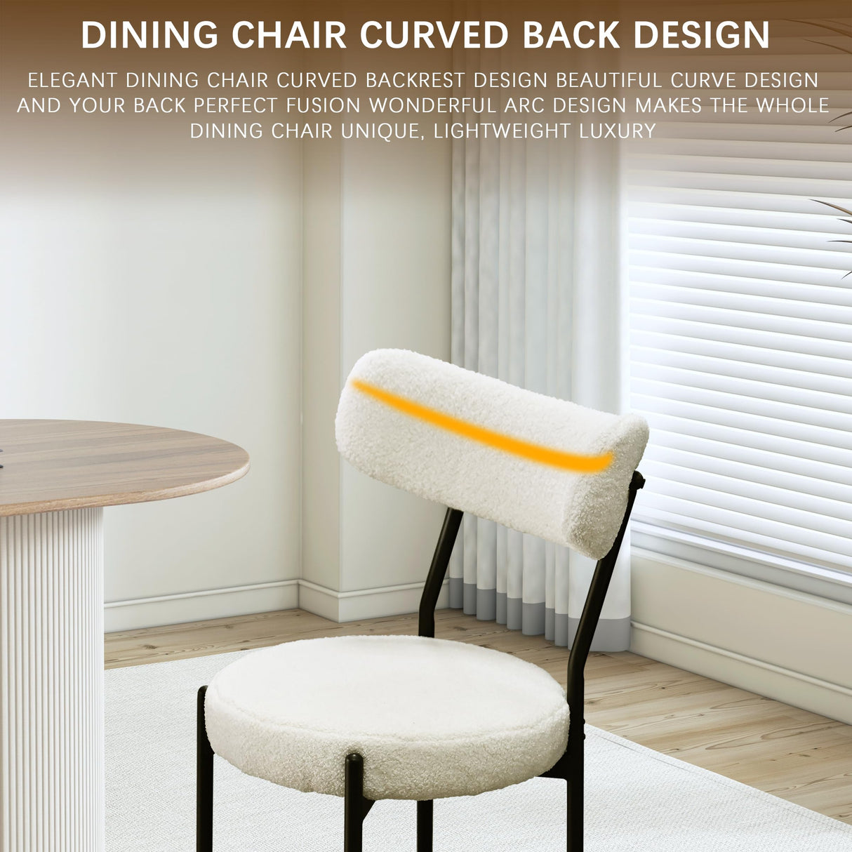 Orweiin Boucle Dining Chairs Set of 4, Upholstered Dining Chairs with Curved Backrest, Round Modern Dining Chair with Black Metal Legs for Dining Room, Vanity, White Orweiin