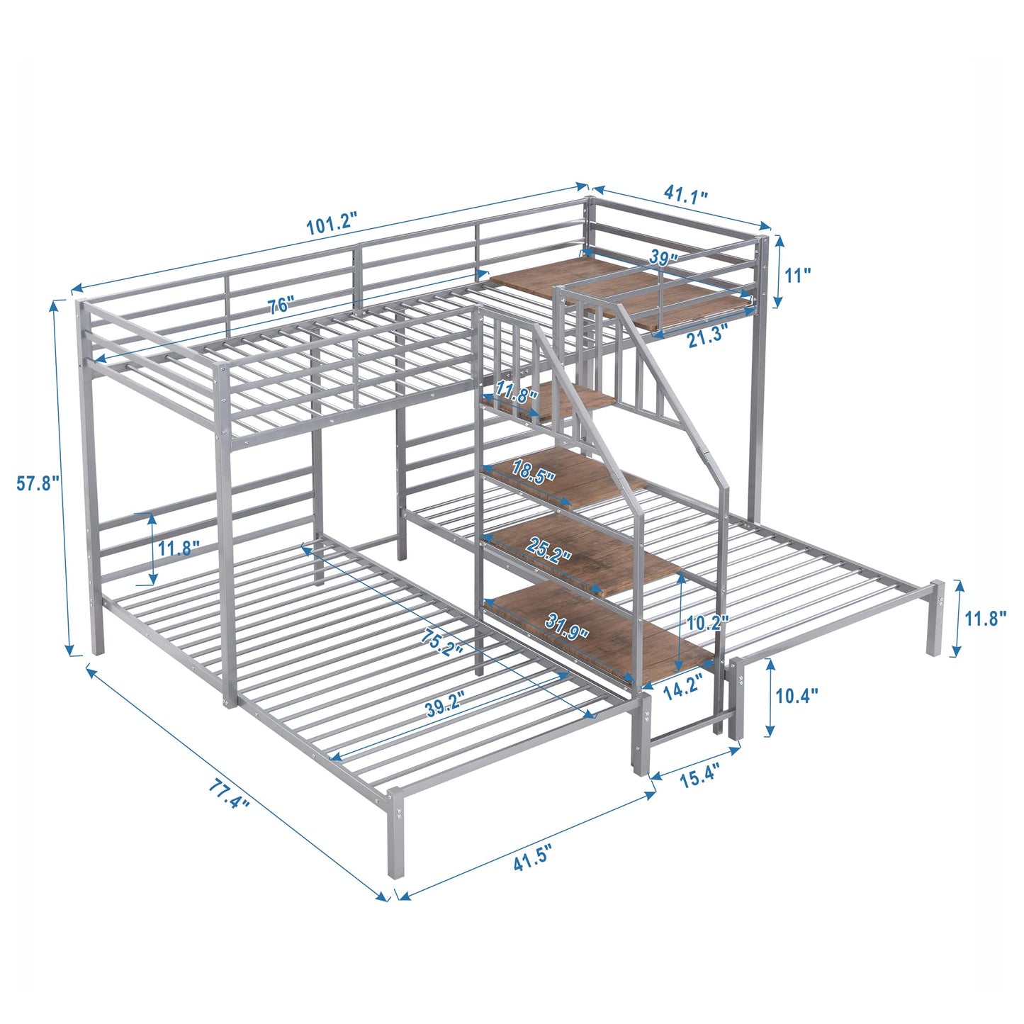 Harper & Bright Designs Metal Triple Bunk Bed with Stairs, 3 Beds Bunk Bed, Twin Over Twin & Twin Bunk Bed with Storage Shelves Staircase, for Kids Teens Adults, Silver