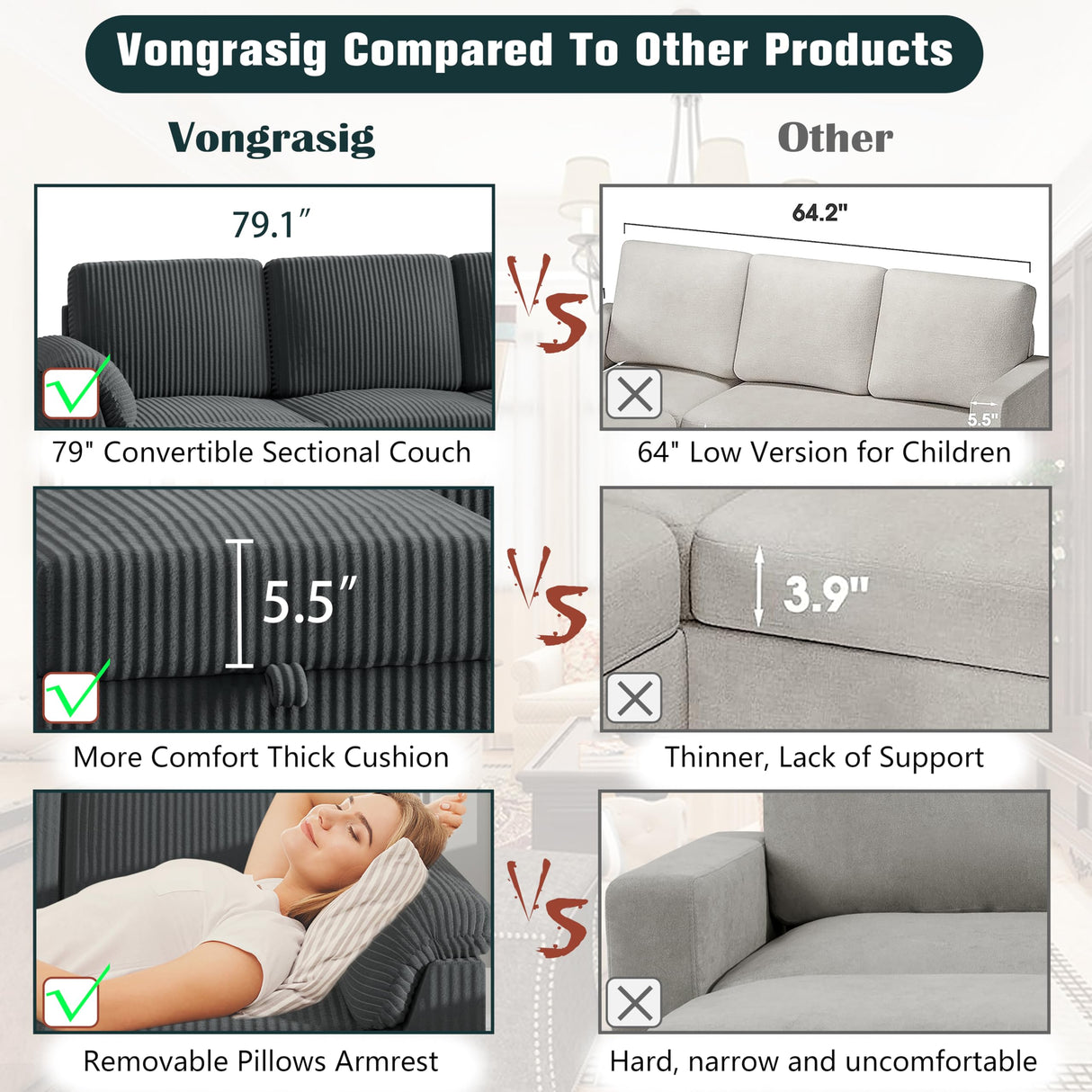 Vongrasig 79" Convertible Sectional Couches Sofa with Storage Ottoman, 3 Seat L Shaped Couch with Side Storage Pockage, Linen Fabric Small Couches for Living Room, Apartment and Small Space, Grey Vongrasig