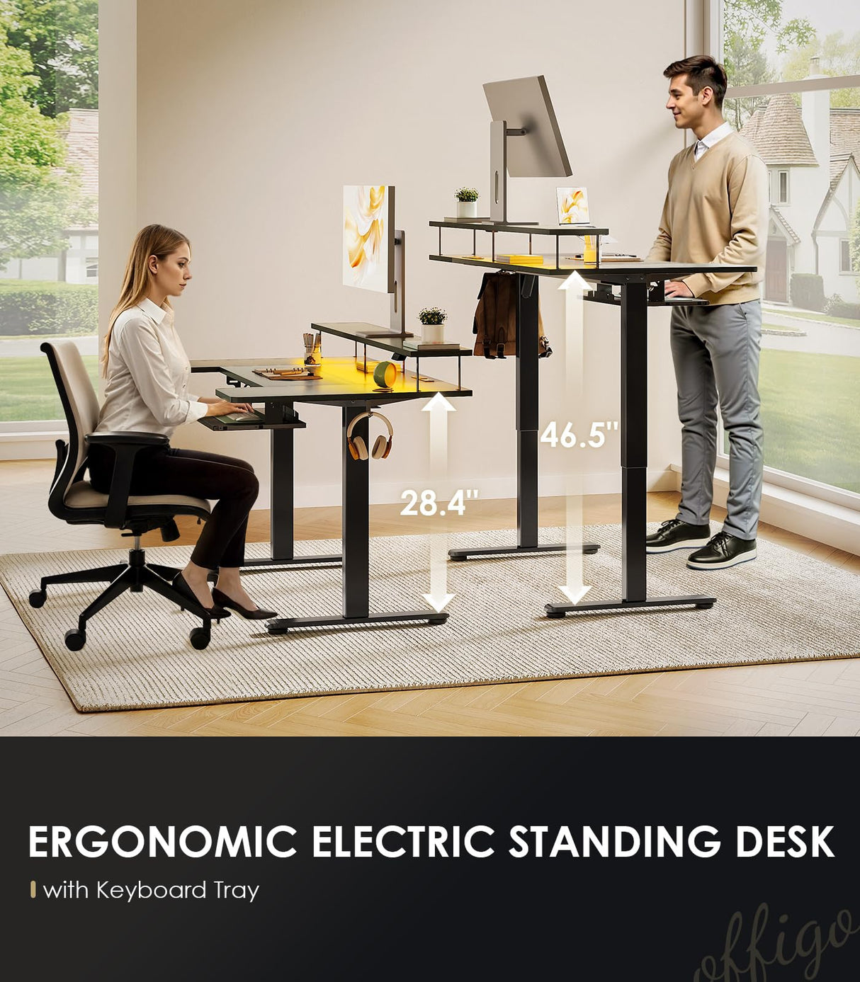 OffiGo U Shaped Electric Standing Desk with Keyboard Tray, 55 Inch Height Adjustable Desk with Power Outlets & LED Lights, Sit Stand Table with Monitor Stand for Home, Office, Black OffiGo
