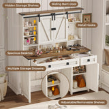 VIAGDO Farmhouse Makeup Vanity Desk with Sliding Door and Lights, Vanity Table with Charging Station & 2 Drawers, Rustic Big Vanity Table with Hooks/Shelves/Hidden Space for Bedroom VIAGDO