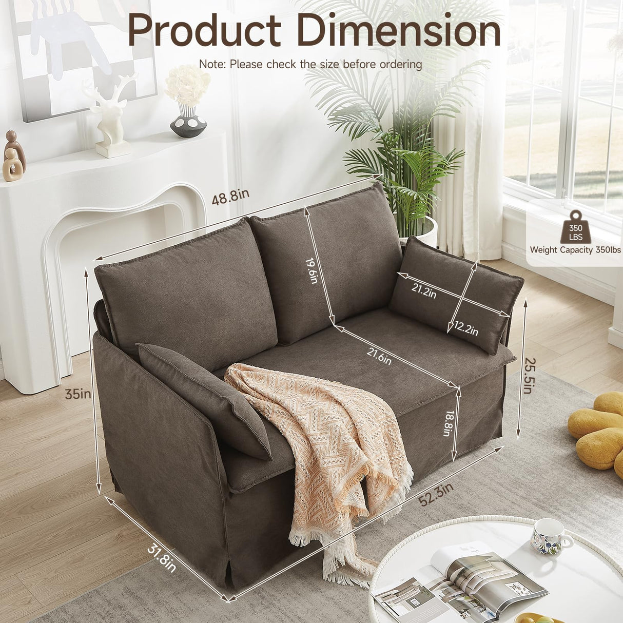 Sivoey Slipcovered Loveseat Sofa, 52" Small Couch with Throw Pillows, Single Seat Cushion, Easy Assembly, Modern Loveseat Sofa for Living Room, Office, Apartment, Small Space, Brown Sivoey