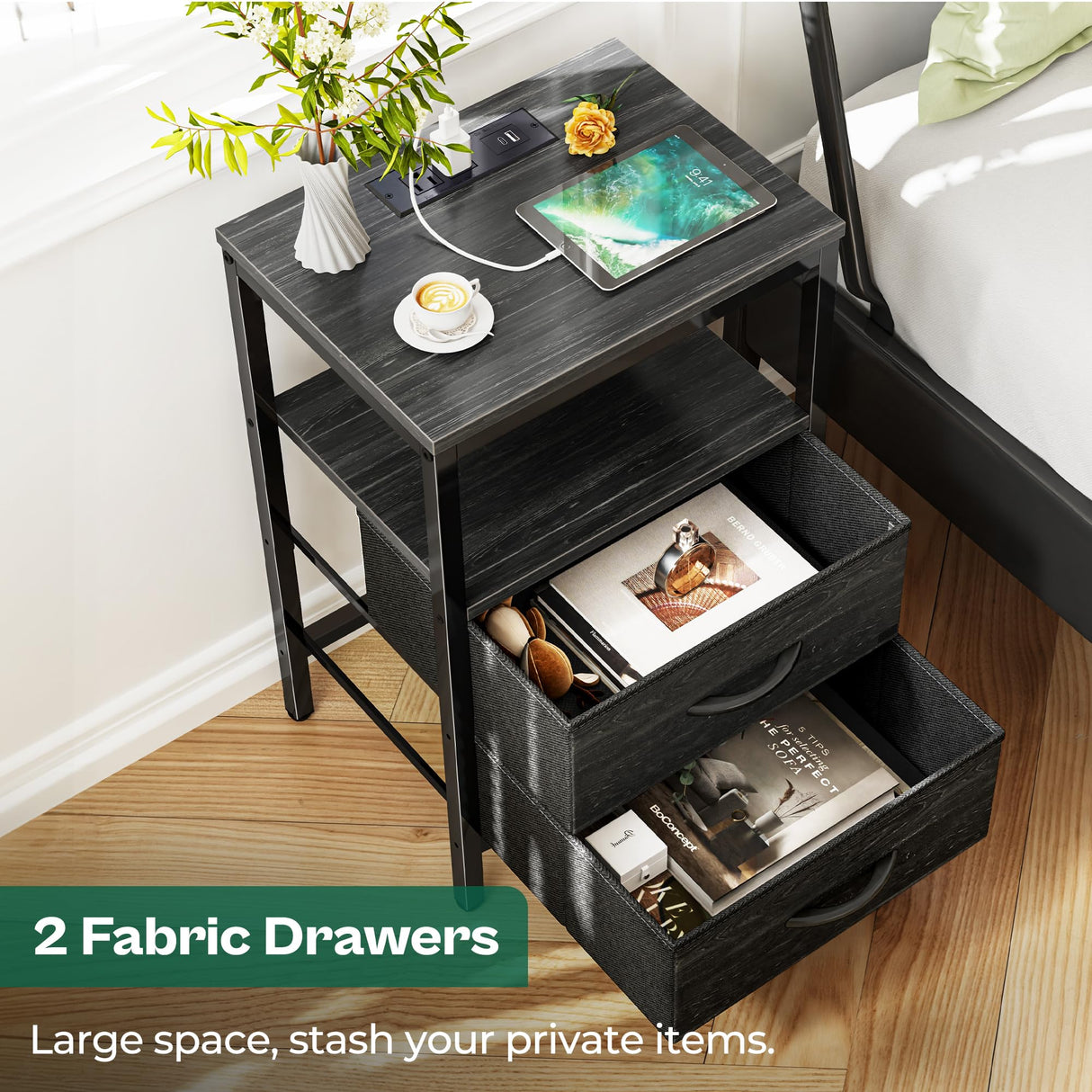 Huuger Nightstand with Charging Station, Side Table with Fabric Drawers, End Table with Open Shelf, Bedside Table with USB Ports and Outlets, Night Stand for Bedroom, Charcoal Black Wood Grain Print Huuger