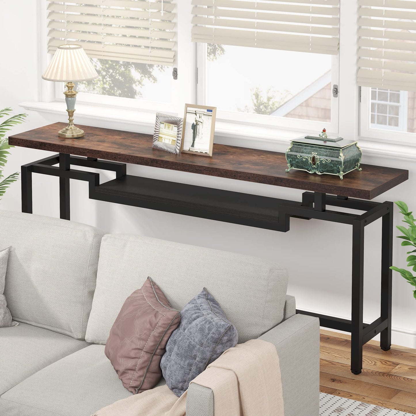 Tribesigns 70 inch Sofa Table, Narrow Long Console Table with 2 Tiers, Industiral TV Console Behind Couch Table with Storage for Entryway, Living Room, Brown & Black - WoodArtSupply