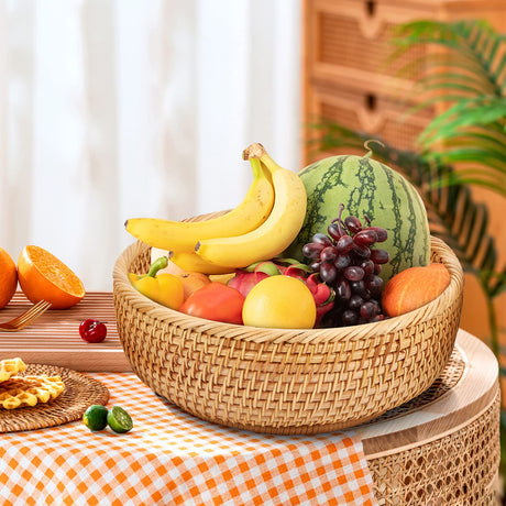 Whalehub Natural Rattan Round Fruit Basket Bowls, Hand Woven Decor Serving Baskets, Wicker Storage for Dinning Room (Round-Small) Whalehub