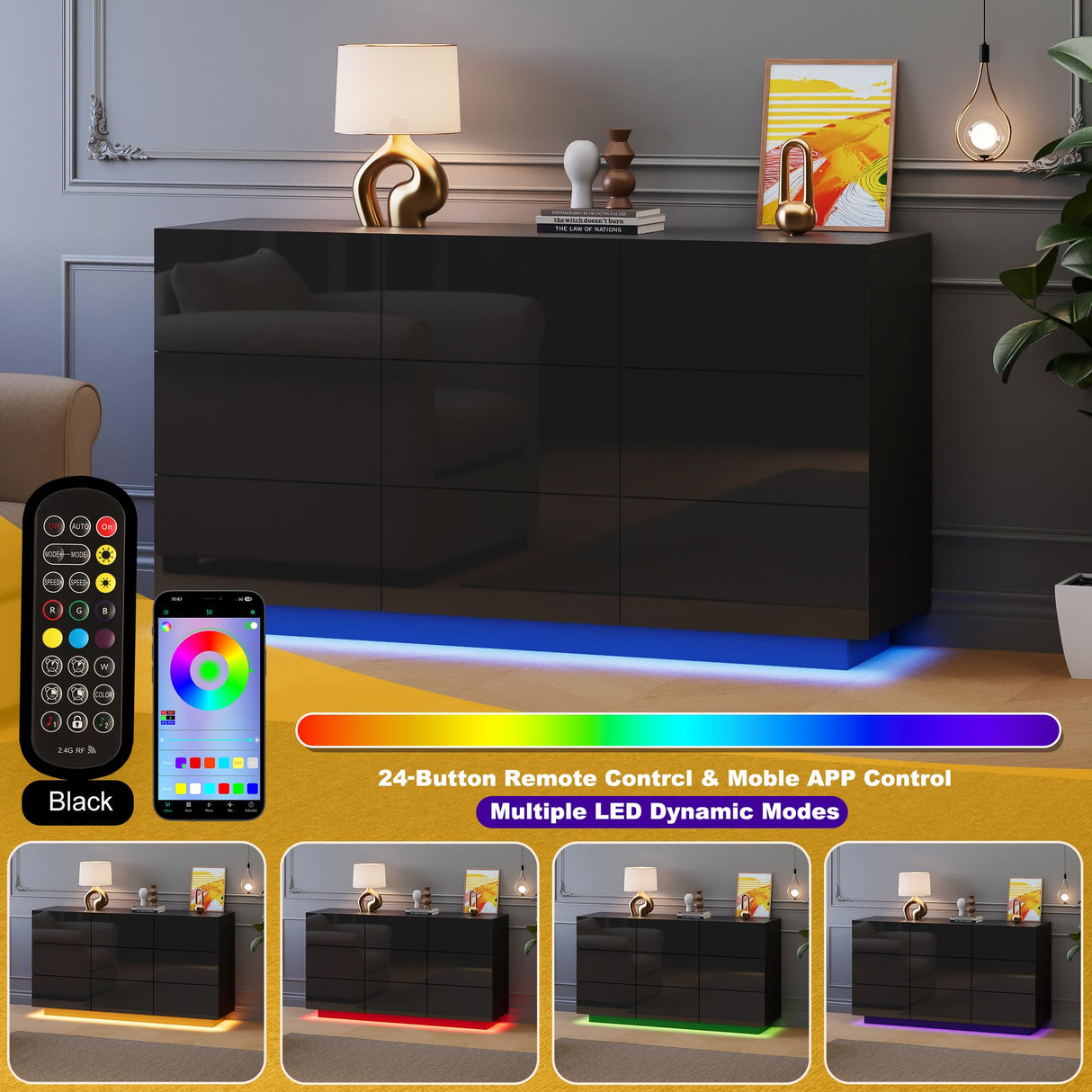 Anbuy LED 9 Drawer Dresser, Black Modern Dresser with High Gloss Drawers Dual Chest of Drawers with Lights for Bedroom (Black) Anbuy