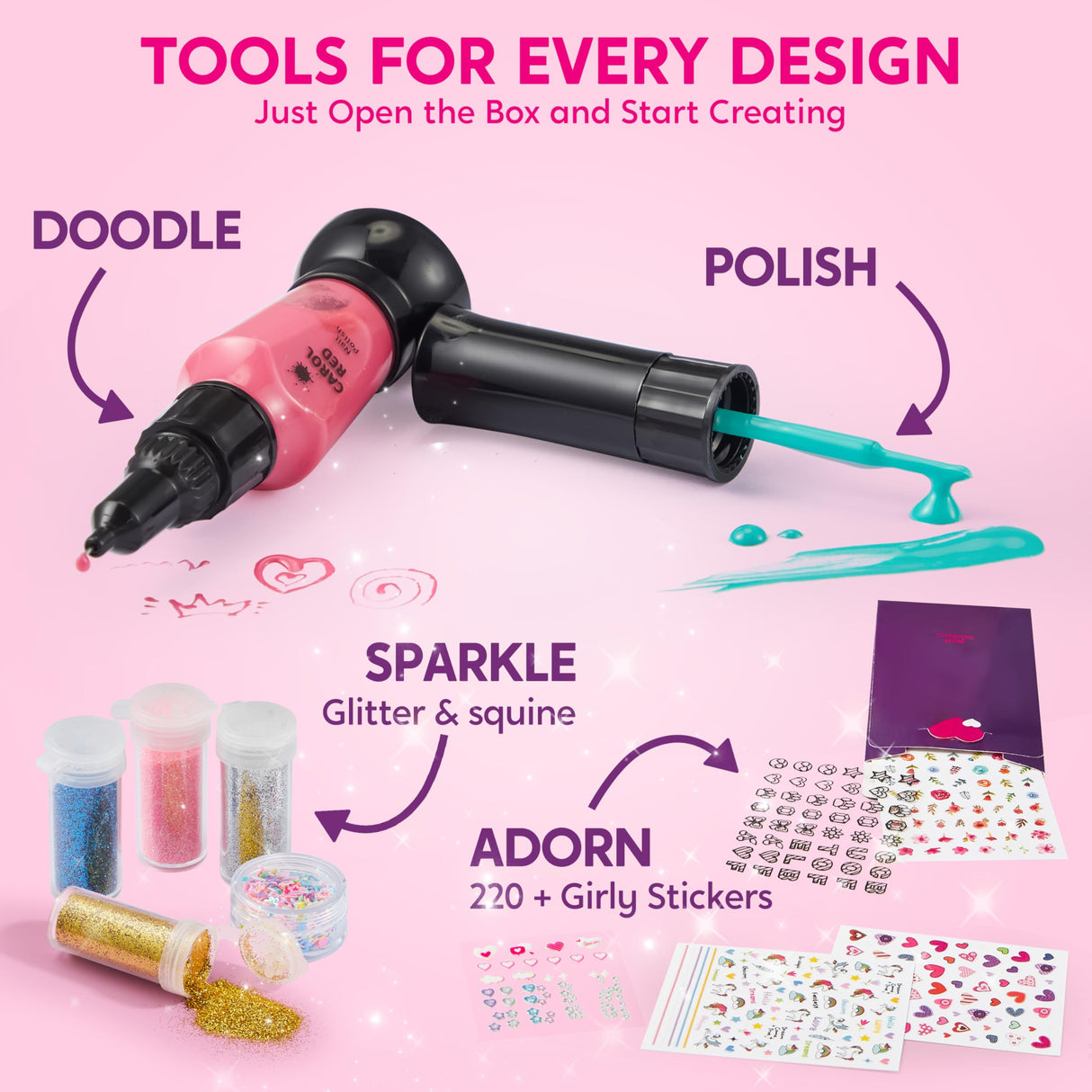 Klever Kits Kids Nail Polish Set, Nail Art Kit for Girls, Birthday Gifts for Girls Ages 7 and up, Makeup for Kids, Glitter, Sequins, Stickers , Peel Off & Quick Dry Klever Kits