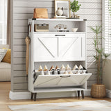 Vabches Shoe Storage Cabinet with 2 Flip Drawers,Freestanding Narrow Shoe Organizer with Open Storage,Hidden Slim Organizer Rack for Entryway,Hallway,White Vabches